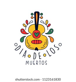 Dia De Los Muertos logo, traditional Mexican Day of the Dead design element with guitar, holiday party banner, poster, greeting card or invitation hand drawn vector Illustration