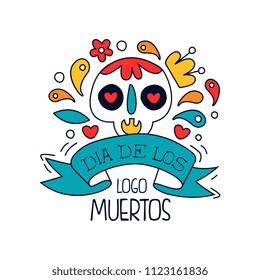 Dia De Los Muertos logo, traditional Mexican Day of the Dead design element with sugar festive skull, holiday party banner, poster, greeting card or invitation hand drawn vector Illustration