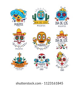 Dia De Los Muertos Logo Design Set, Mexican Day Of The Dead Holiday, Party Banner, Poster, Greeting Card Or Invitation Hand Drawn Vector Illustrations