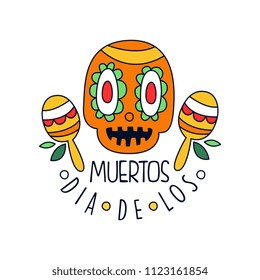 Dia De Los Muertos logo, Mexican Day of the Dead holiday design element with sugar skull and maracas, party banner, poster, greeting card or invitation hand drawn vector Illustration