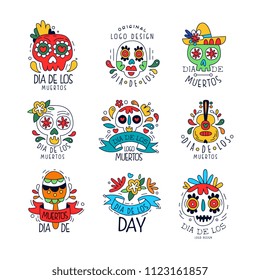 Dia De Los Muertos logo set, Mexican Day of the Dead holiday design elements can be used for party banner, poster, greeting card or invitation hand drawn vector Illustrations