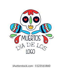 Dia De Los Muertos logo, Mexican Day of the Dead holiday poster with sugar skull and maracas, holiday party banner, poster, greeting card or invitation hand drawn vector Illustration