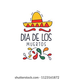 Dia De Los Muertos logo, traditional Day of the Dead holiday, design element with Mexican hat, party banner, poster, greeting card or invitation hand drawn vector Illustration