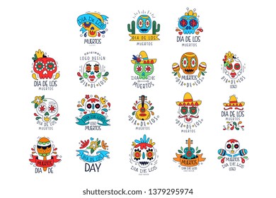 Dia De Los Muertos logo set, Mexican Day of the Dead holiday design elements can be used for party banner, poster, greeting card or invitation hand drawn vector Illustrations