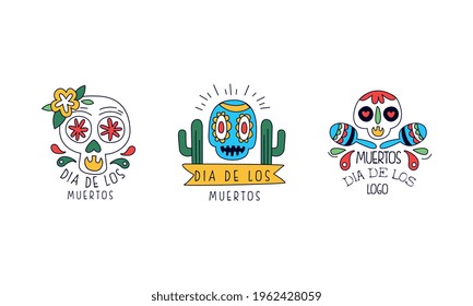 Dia de Los Muertos Logo Set, Traditional Festival Badges, Mexican Day of Dead Colorful Hand Drawn Labels Vector Illustration