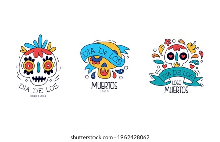 Dia de Los Muertos Logo Templates Set, Mexican Day of Dead Traditional Mexican Festival Colorful Hand Drawn Labels Vector Illustration