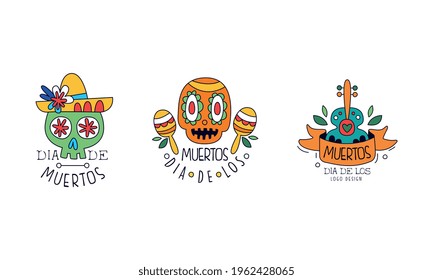 Dia de Los Muertos Logo Design Set, Mexican Day of Dead Hand Drawn Badges, Traditional Mexican Autumn Festival Labels Vector Illustration