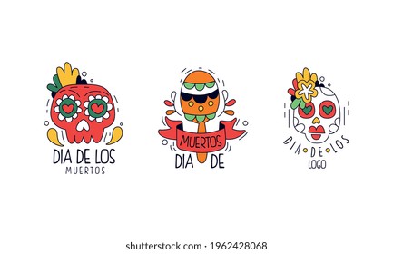 Dia de Los Muertos Logo Design Set, Mexican Day of Dead Badges, Traditional Festival Colorful Hand Drawn Labels Vector Illustration