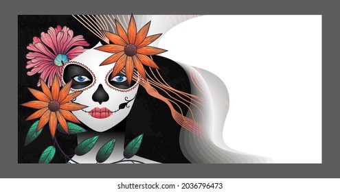 dia de los muertos! lovely girl with flowers for the day of all the dead and alive. Makeup for the dead. Vectron illustration for banners, posters, wallpapers, holiday cards