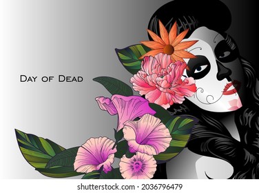 dia de los muertos! lovely girl with flowers for the day of all the dead and alive. Makeup for the dead. Vectron illustration for banners, posters, wallpapers, holiday cards