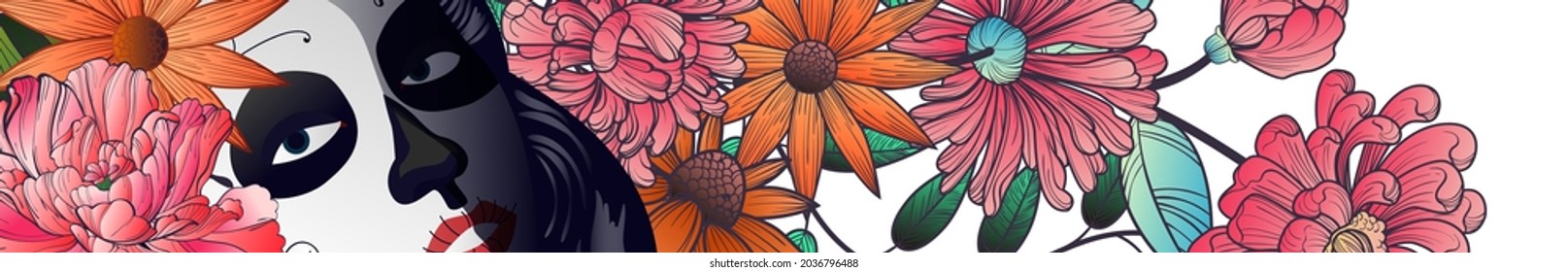dia de los muertos! lovely girl with flowers for the day of all the dead and alive. Makeup for the dead. Vectron illustration for banners, posters, wallpapers, holiday cards