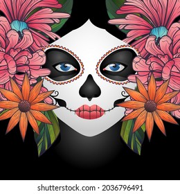 dia de los muertos! lovely girl with flowers for the day of all the dead and alive. Makeup for the dead. Vectron illustration for banners, posters, wallpapers, holiday cards