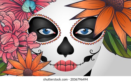 dia de los muertos! lovely girl with flowers for the day of all the dead and alive. Makeup for the dead. Vectron illustration for banners, posters, wallpapers, holiday cards