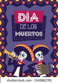 dia de los muertos with mariachis skulls playing trumpet and accordion vector design