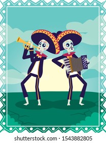 dia de los muertos with mariachis skulls playing trumpet and accordion vector design