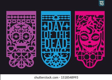 Dia De Los Muertos Mean Day Of The Dead Celebration. Traditional Mexican Paper Cutting Flags