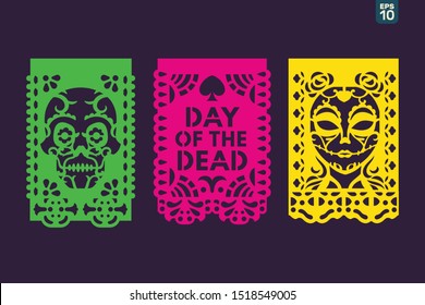 Dia De Los Muertos Mean Day Of The Dead Celebration. Traditional Mexican Paper Cutting Flags