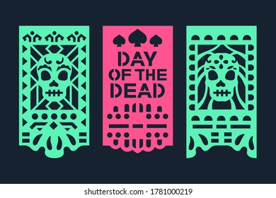 Dia De Los Muertos Mean Day Of The Dead Celebration. Traditional Mexican Paper Cutting Flags