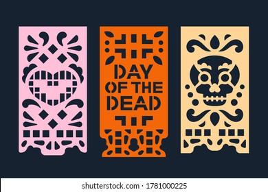 Dia De Los Muertos Mean Day Of The Dead Celebration. Traditional Mexican Paper Cutting Flags