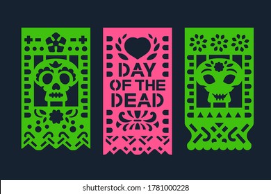 Dia de los muertos mean Day of the Dead celebration. Traditional Mexican paper cutting flags