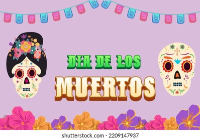 Dia de los muertos means Day of the dead. Mexican holiday festival Template Banner Vector Illustration. 