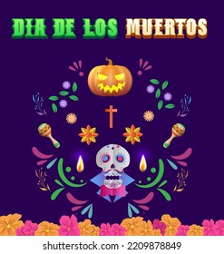 Dia de los muertos means Day of the dead. Mexican holiday festival Template Banner Vector Illustration. 