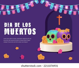 Dia de los muertos means Day of the dead. Mexican holiday festival Template Banner Vector Illustration. 