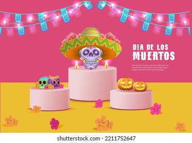 Dia de los muertos means Day of the dead. Mexican holiday festival Template Banner Vector Illustration.