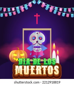 Dia de los muertos means Day of the dead. Mexican holiday festival Template Banner Vector Illustration. 