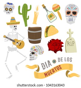 Dia de los muertos Mexica Dead Day celebration dead skull bones man and symbols. Skull catrina party culture vintage Dead Day symbols. Traditional festival happy mexican carnival illustration