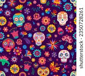 Dia de los muertos mexican seamless pattern with sugar calavera skulls and tropical flowers. Vector repeated ornament in traditional alebrije style with decorated dead calaca heads and floral elements