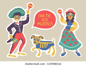 Dia de los muertos. Mexican day of dead.  Man, woman and dog with skulls heads. Vector template. Isolated.