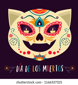 Dia De Los Muertos, Mexican Sugar Cat Skull, Day Of The Dead Poster. Vector Illustration In Cartoon Style