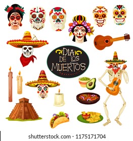 Dia de los Muertos Mexican traditional holiday symbols. Vector cartoon skull with Mexico ornaments, skeleton dancing with banjo guitar and candles for Day of Dead greeting card design