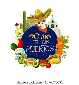 Dia de los Muertos, Mexican holiday Day of Dead traditional celebration poster. Vector Dia de los Muertos calavera skull in Mexican sombrero, tequila and jalapeno pepper, candles and marigold flowers