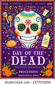 Dia de los Muertos Mexican holiday greetings and Day of Dead celebration symbols. Vector Dia de los Muertos traditional calavera skull with floral pattern, tequila with maracas and marigold flowers