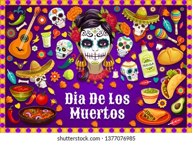 Dia de los Muertos Mexican holiday party food and drinks, traditional fiesta symbols. Vector Dia de los Muertos calavera skulls in sombrero, jalapeno chili pepper, guitar and Mexican maracas