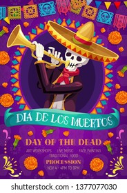 Dia de los Muertos Mexican holiday party and Day of Dead fiesta celebration. Vector skeleton skull in sombrero playing pipe, pecked paper flags, marigold flowers and Dia de los Muertos ribbon