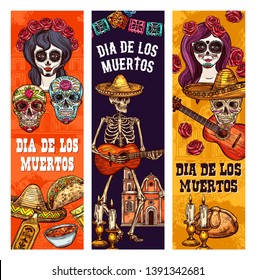 Día de los Muertos Fiesta Mexicana, Día de la Muerte Fiesta de carteles. Vector Dia de Muertos tradicionales símbolos de celebración del tatuaje facial calavera, skeleton guitarra, tequila y sombrero