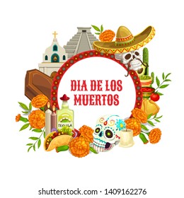 Dia de los Muertos, Mexican Day Dead holiday poster. Vector traditional Dia de los Muertos celebration calavera skull in Mexican sombrero, coffin and candles in marigold flowers and fiesta food