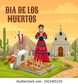 Dia de los Muertos Mexican traditional holiday. Woman with calavera skull in dress, pray hands at church cemetery graveyard. Text translation - Day of the dead