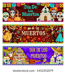 Dia de los Muertos, Mexican day of dead celebration. Vector calavera skulls, catholic church, candles in bread, catrina heads. Dancing skeletons, altar with photos of gone people, guitar and maracas