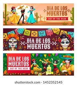 Dia de los Muertos, Mexican day of dead celebration. Vector dancing skeletons on graveyard, calavera skulls or catrina heads. Man in sombrero and woman in dresses, tequila and maracas, cactuses