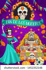 Dia De Los Muertos Mexican National Holiday And Altar With Photos Of Gone People. Vector Skull In Flower Frame, Candles And Cards With Dead. Catrina And Garlands Of Flag, Day Of Dead In Mexico