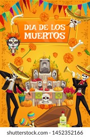 Dia de los Muertos, Mexican Day of Dead fiesta party, skeletons in sombrero play music. Vector Day of Dead Mexico celebration, catrina calavera skull and photos with marigold flowers on altar