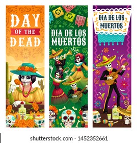 Dia de los Muertos, Mexican Day of Dead fiesta banners, skeletons in sombrero play maracas and dance at party. Vector Day of Dead celebration, Mexico flags, skulls, marigold flowers and tequila