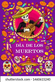 Dia de los Muertos Mexican holiday, skeleton in sombrero with guitar. Vector Dia de los Muertos or Mexico Day of Dead calavera skulls and marigold flowers, bones and jalapeno chili pepper