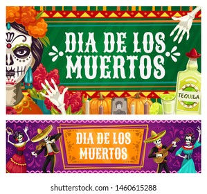 Dia de los Muertos, Mexican Day of Dead fiesta, catrina calavera skeletons in sombrero play maracas and dance. Vector Day of Dead celebration, Mexico flags, marigold flowers and tequila on altar