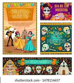 Dia de los Muertos, mexican traditional holiday, Day of Dead celebration. Vector dancing gone people, cartoon skeleton skulls with Mexico ornaments, altar commemorating deceased, church and flowers