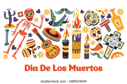 Dia de Los Muertos, Mexican event or fiesta, party and holiday greeting card vector. Cactus and skeleton, maracas and Spanish guitar, sombrero. Bird and candles, chili pepper and cross, tequila bottle